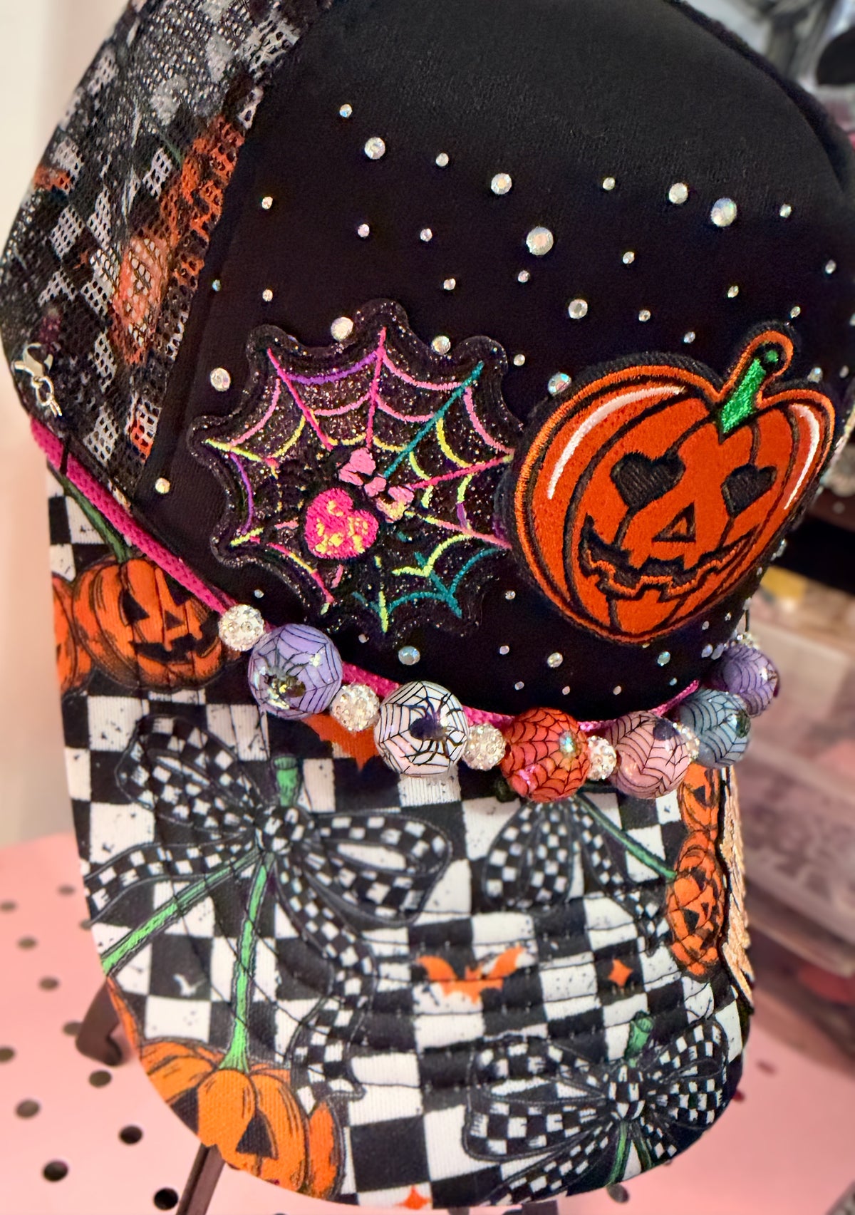 Custom Halloween Pumpkin Rhinestone Trucker Hat With Spiderweb Hat Chain