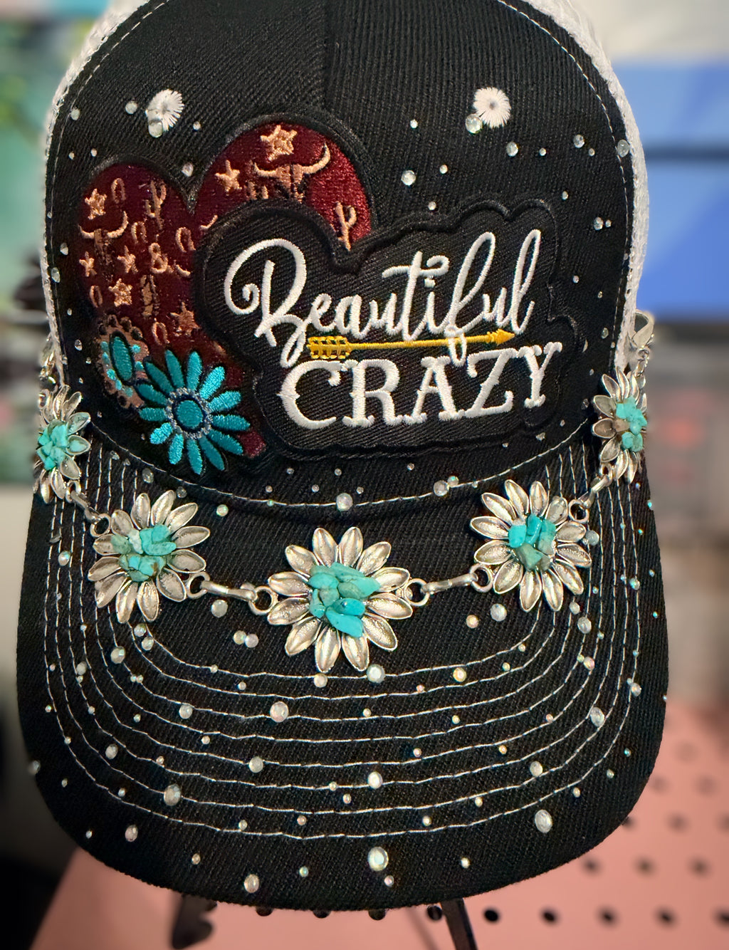 Custom "Beautiful Crazy" Western Trucker Hat with Turquoise and Rhinestones