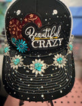 Custom "Beautiful Crazy" Western Trucker Hat with Turquoise and Rhinestones