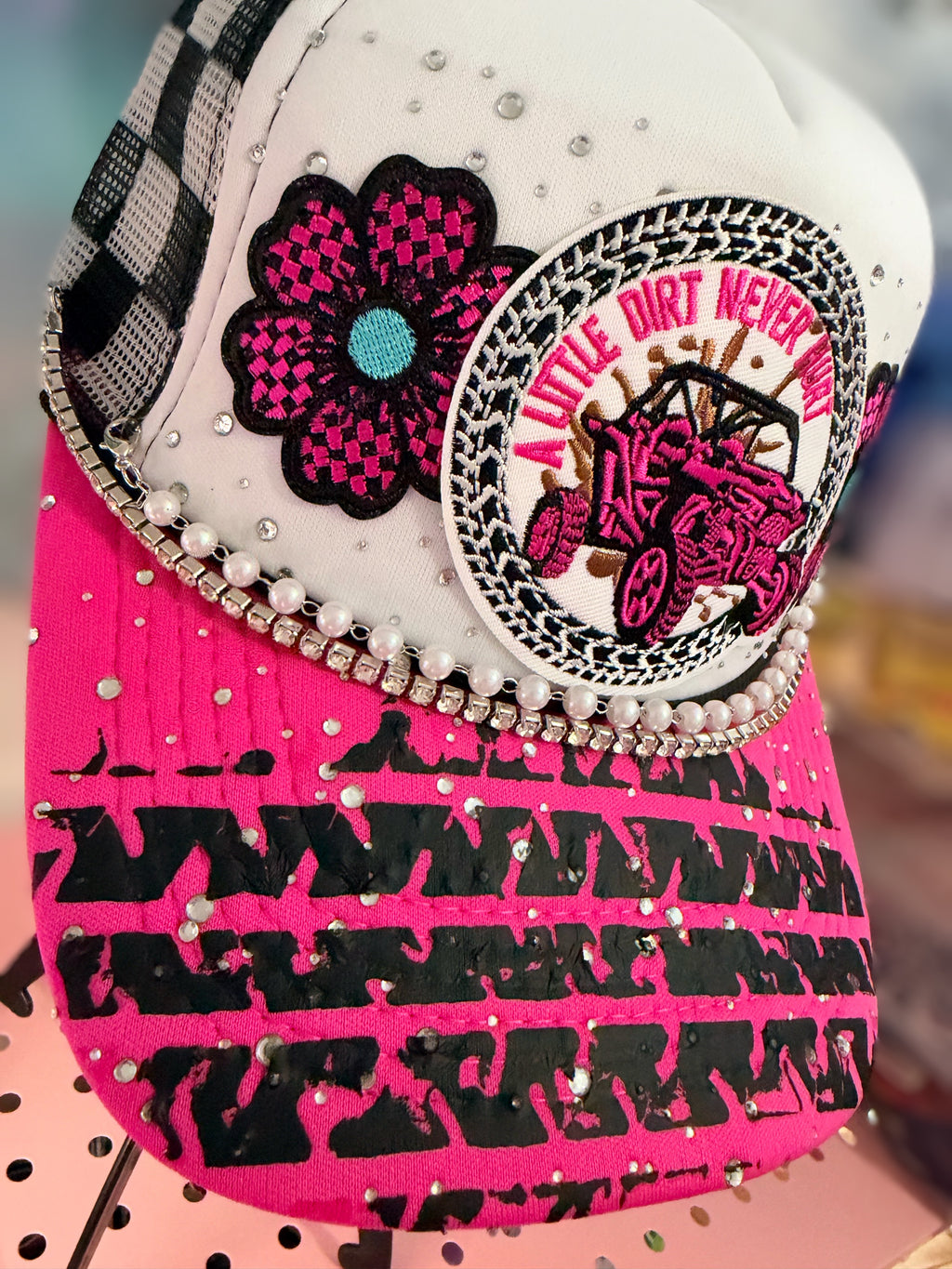 Pink Embellished "A Little Dirt Never Hurt" ATV Trucker Hat Snapback With 2 Hat Chains