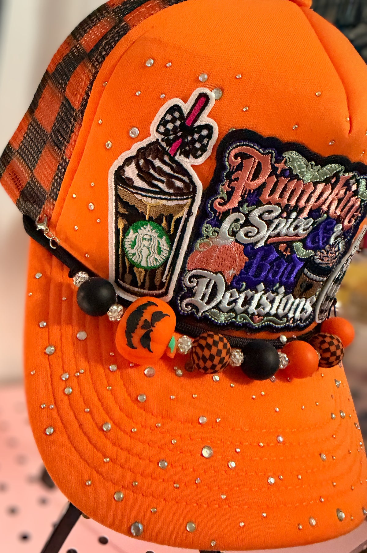 Custom Orange Rhinestone Pumpkin Spice Trucker Hat Snapback with Halloween Themed Hat Chain