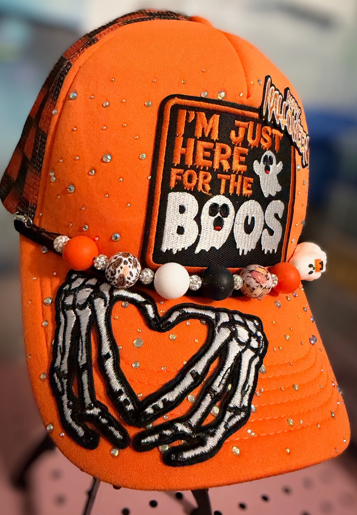Orange Halloween Trucker Hat with Ghost and Skeleton and Hat Chain