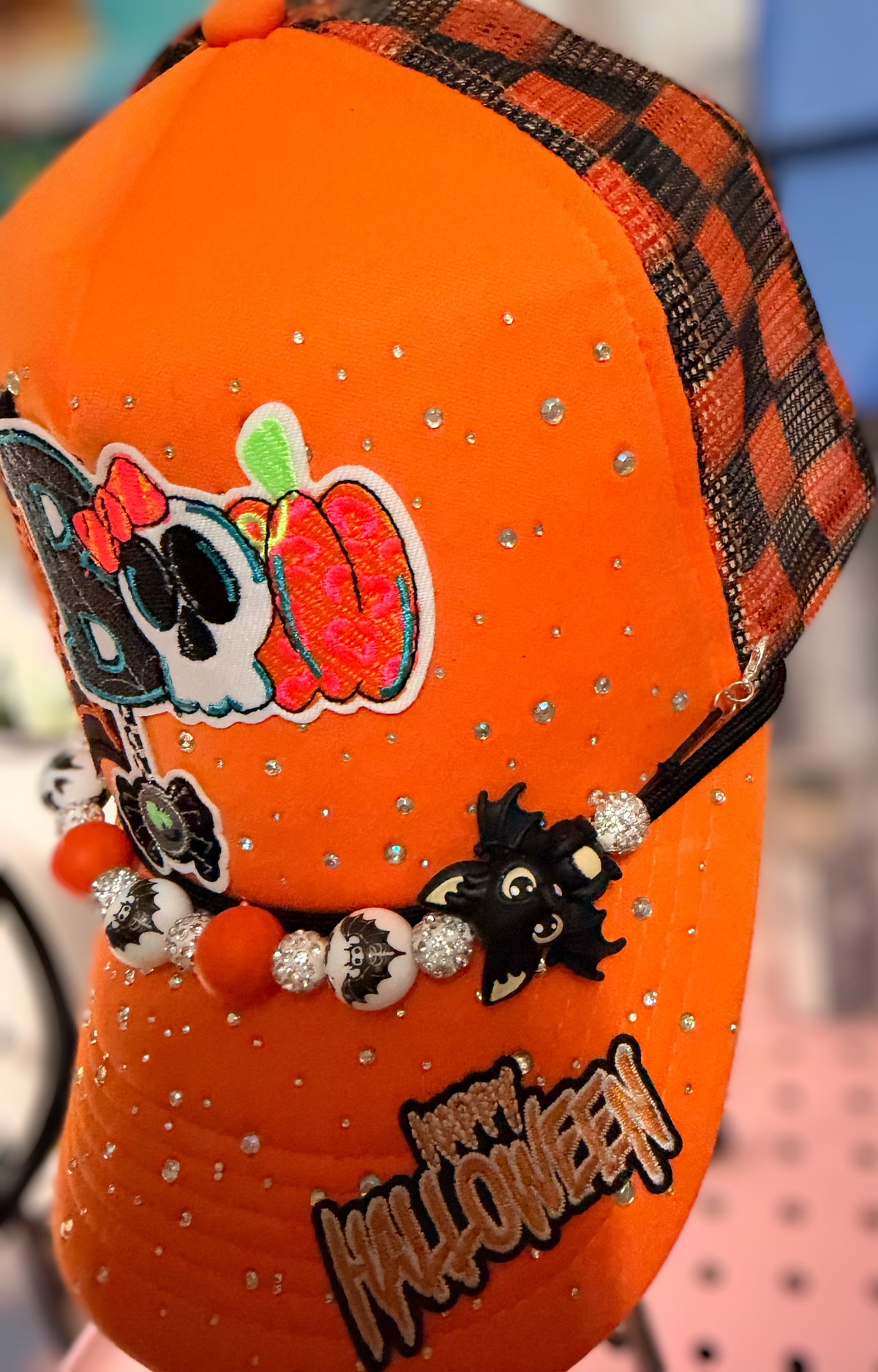 Custom Rhinestone Halloween Trucker Hat - Orange Boo Snapback