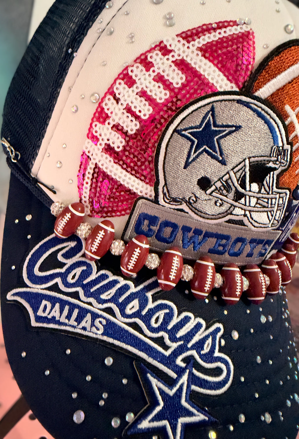 Custom Dallas Cowboys Like Bling Rhinestone Trucker Hat with Football Hat Chain