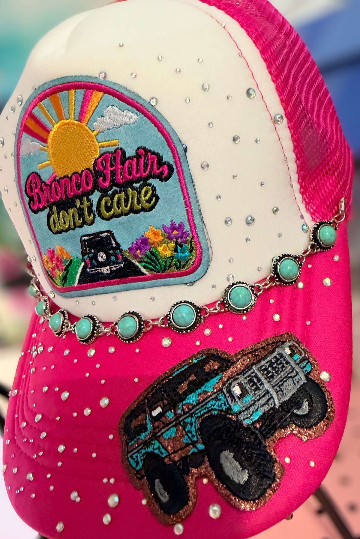 Custom Pink Bronco Hair Don't Care Trucker Hat With 2 Hat Chains