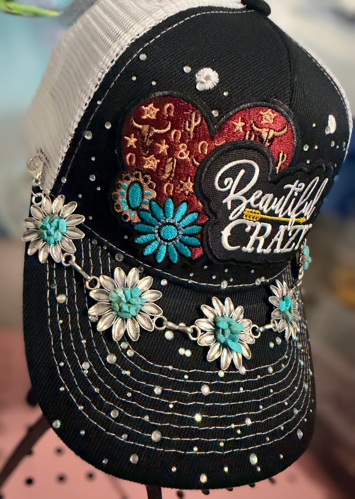 Custom "Beautiful Crazy" Western Trucker Hat with Turquoise and Rhinestones