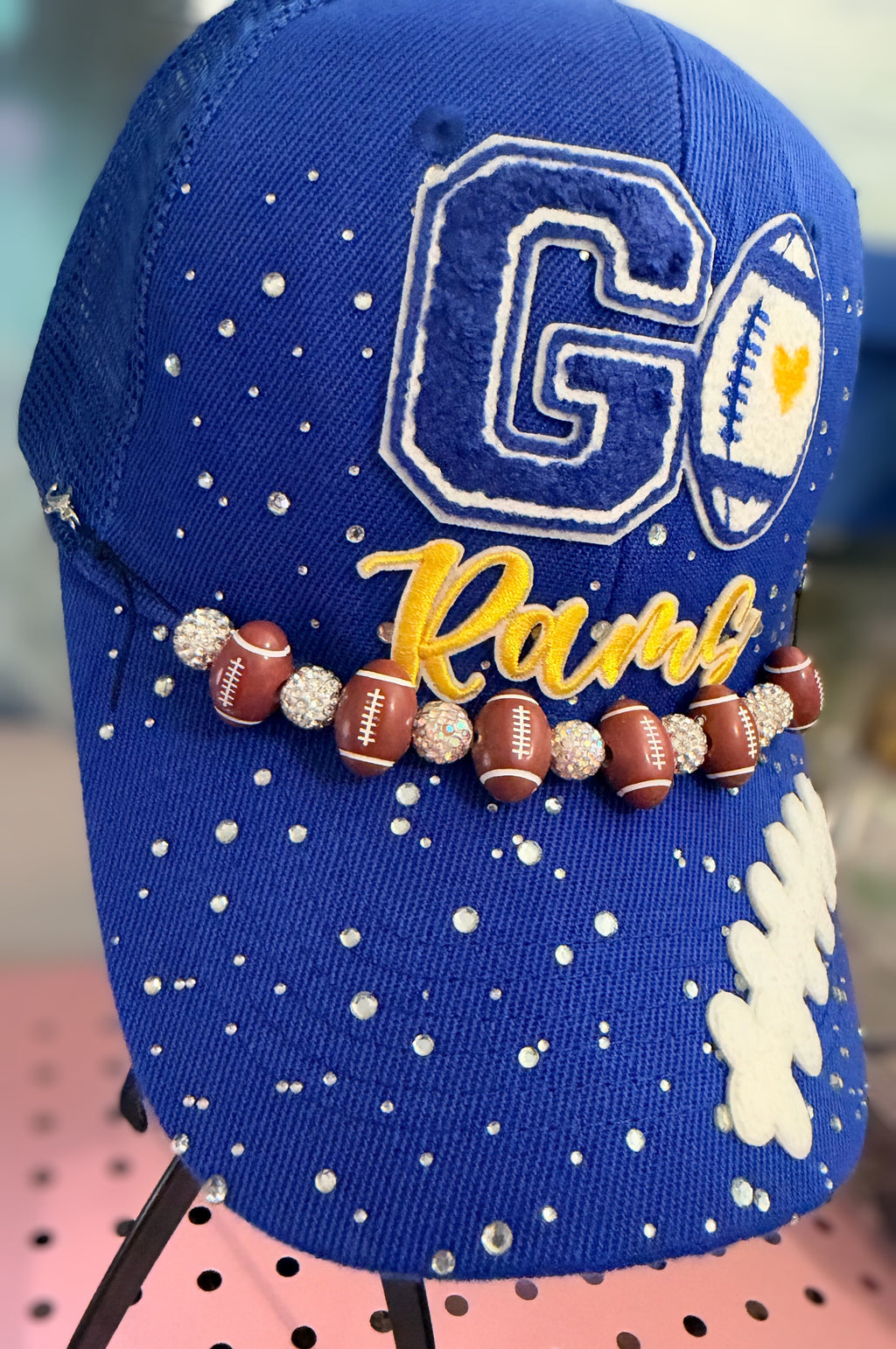 Custom Blue 'Go Rams' Football Rhinestone Trucker Hat