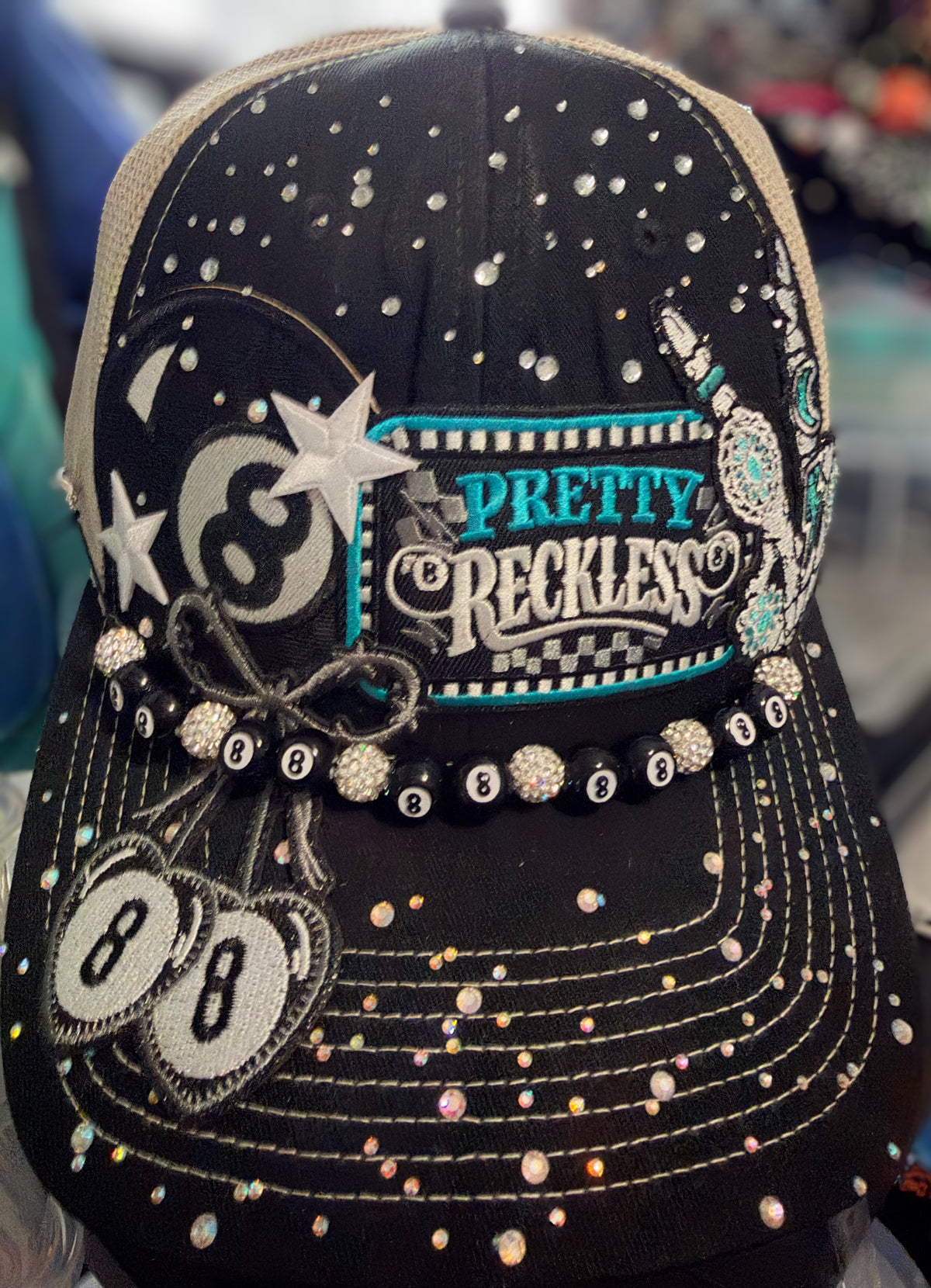 Custom Rhinestone Pretty Reckless Trucker Hat With 8 Ball Chain