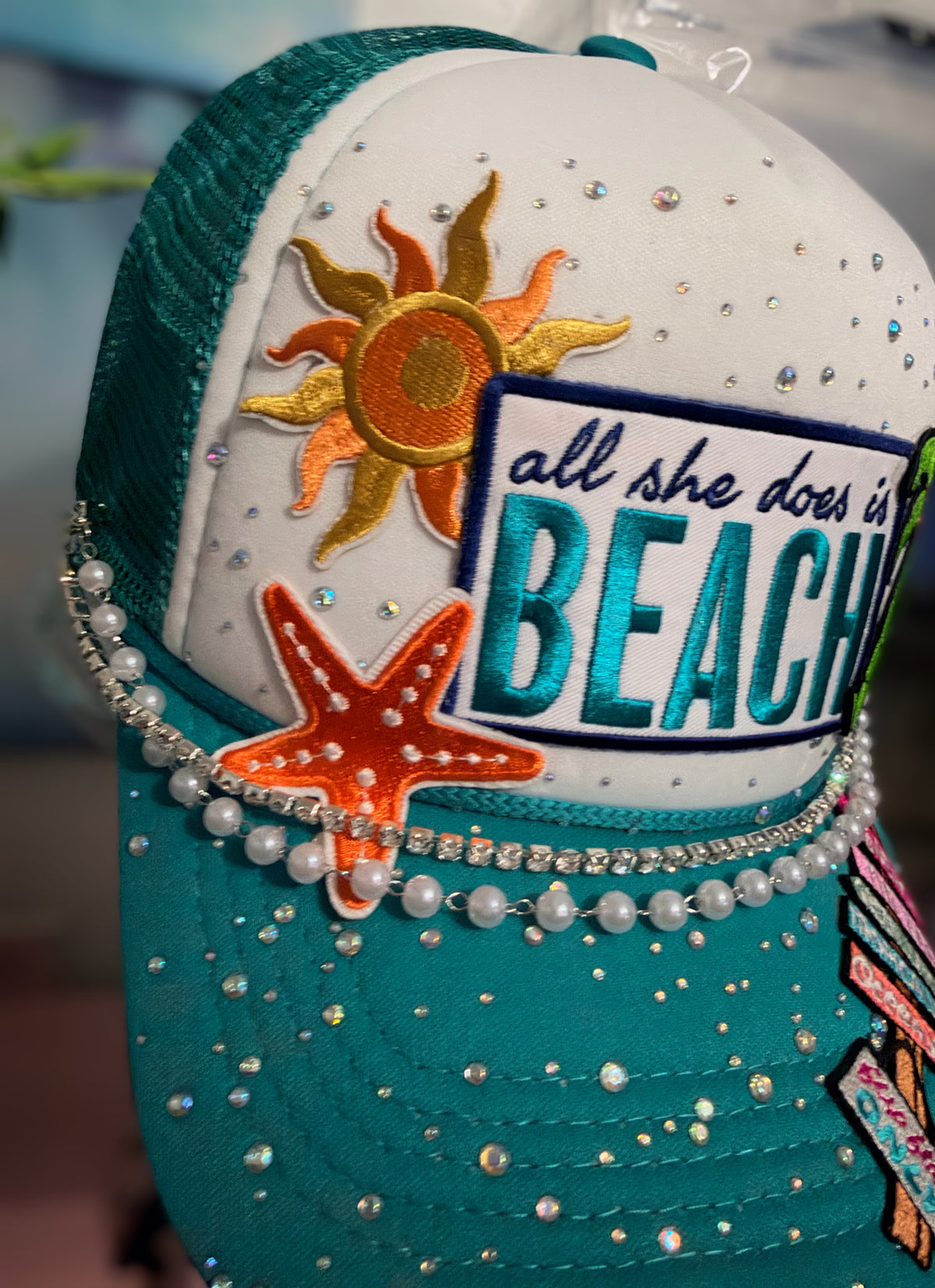 Custom Rhinestone Beach Trucker Hat Teal White Snapback
