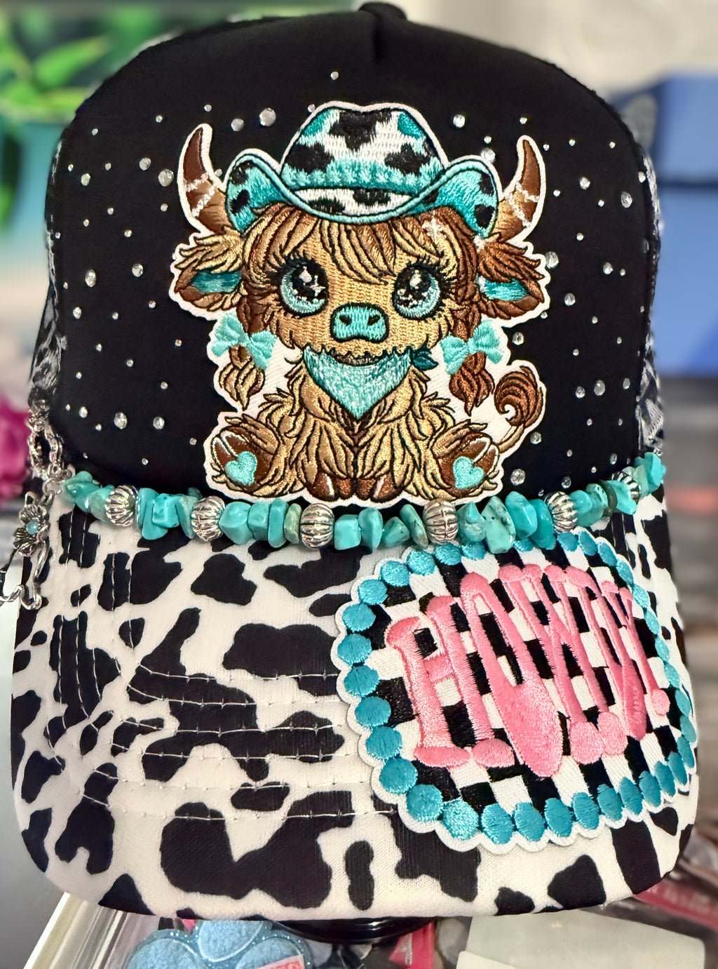 Custom Highland Cow Western Trucker Hat Rhinestone & Turquoise Accents
