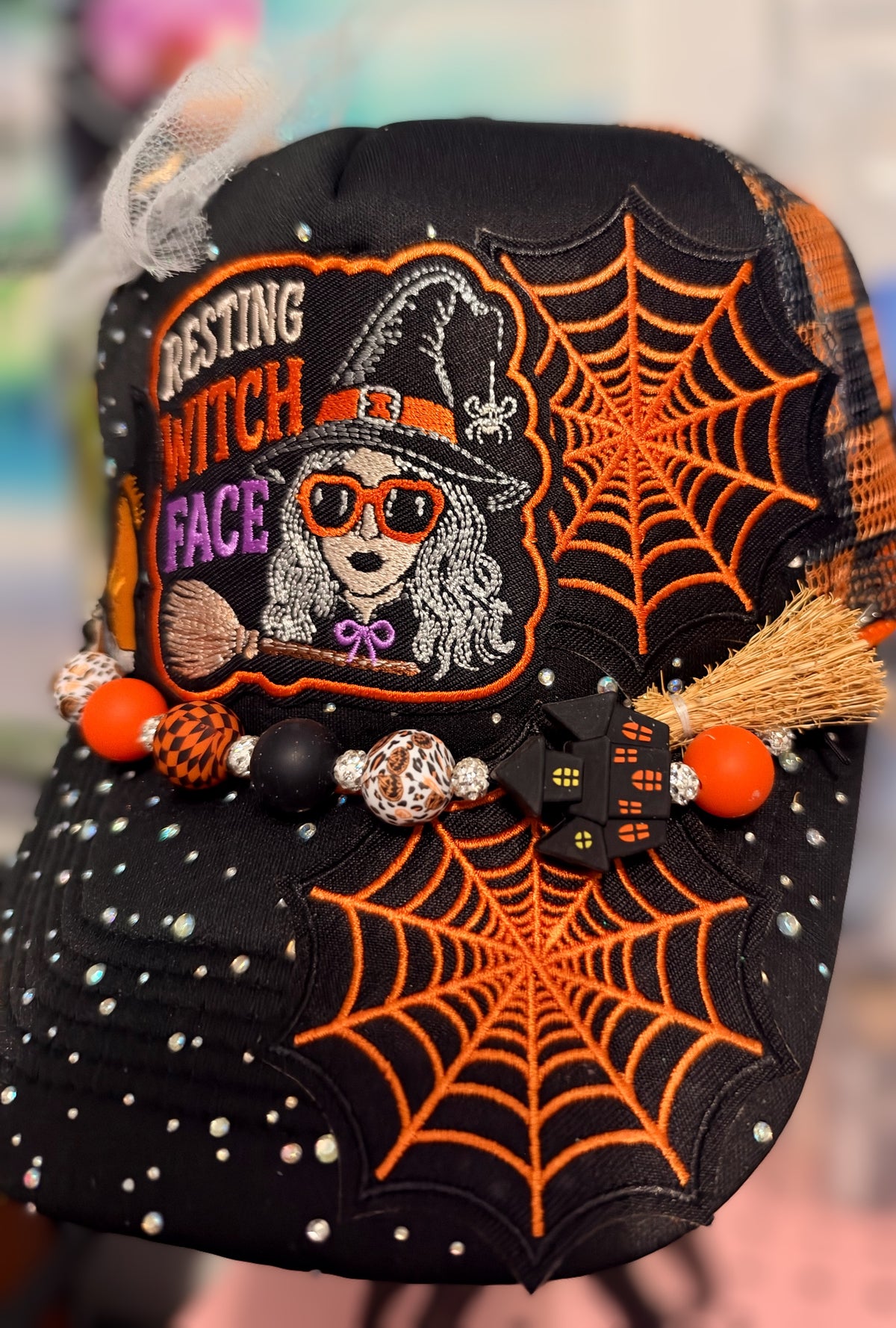 Halloween Resting Witch Face Rhinestone Beaded Trucker Hat with Hat Chain