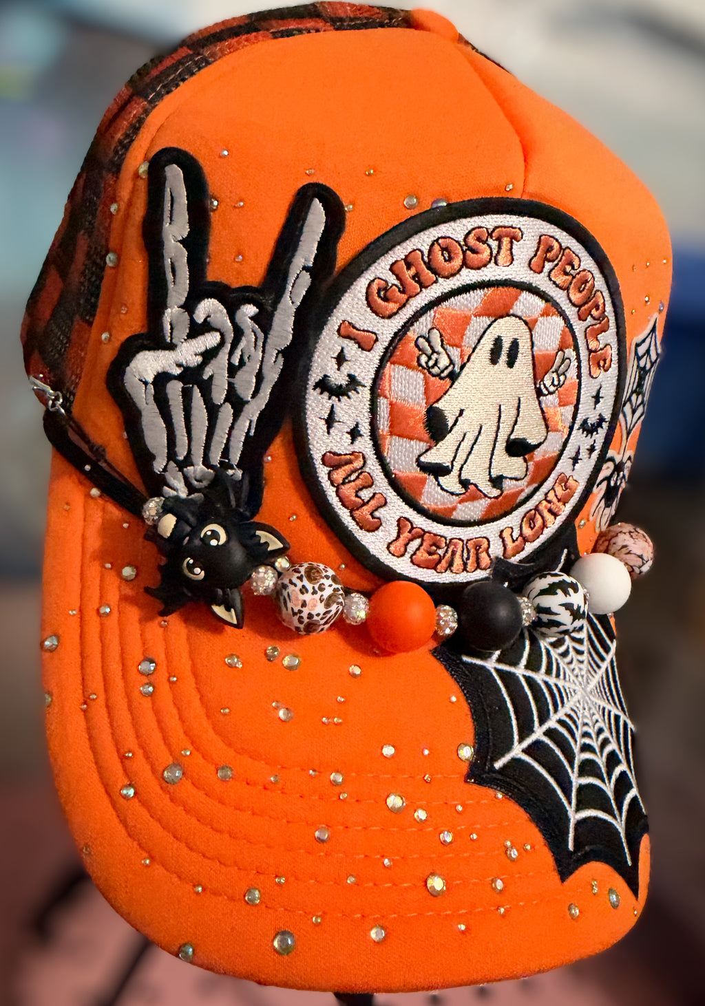 Orange Halloween Themed Trucker Hat with Hat Chain