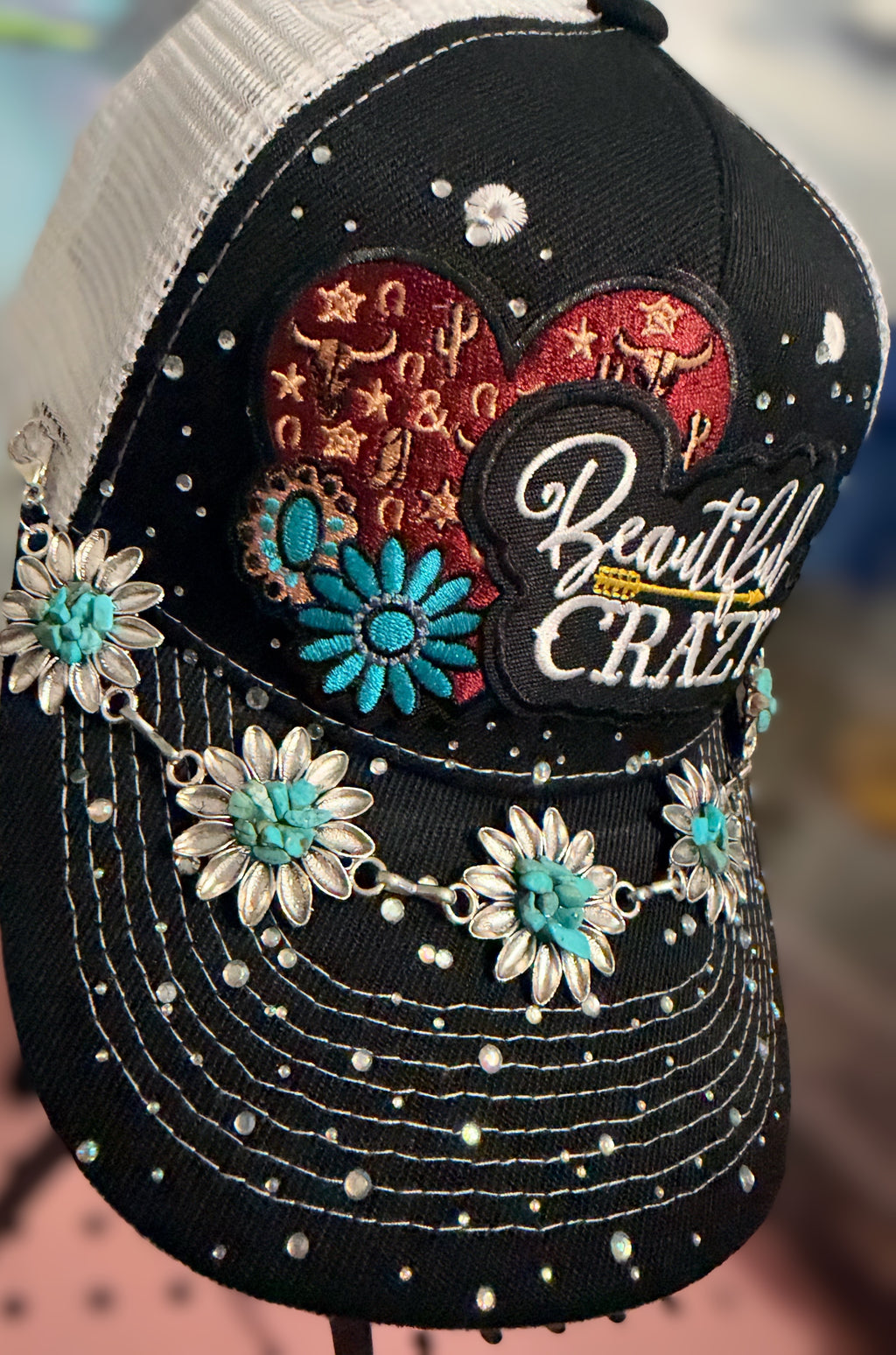 Custom "Beautiful Crazy" Western Trucker Hat with Turquoise and Rhinestones