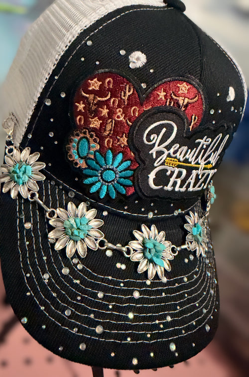 Custom "Beautiful Crazy" Western Trucker Hat with Turquoise and Rhinestones
