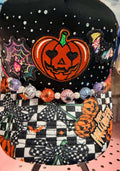Custom Halloween Pumpkin Rhinestone Trucker Hat With Spiderweb Hat Chain