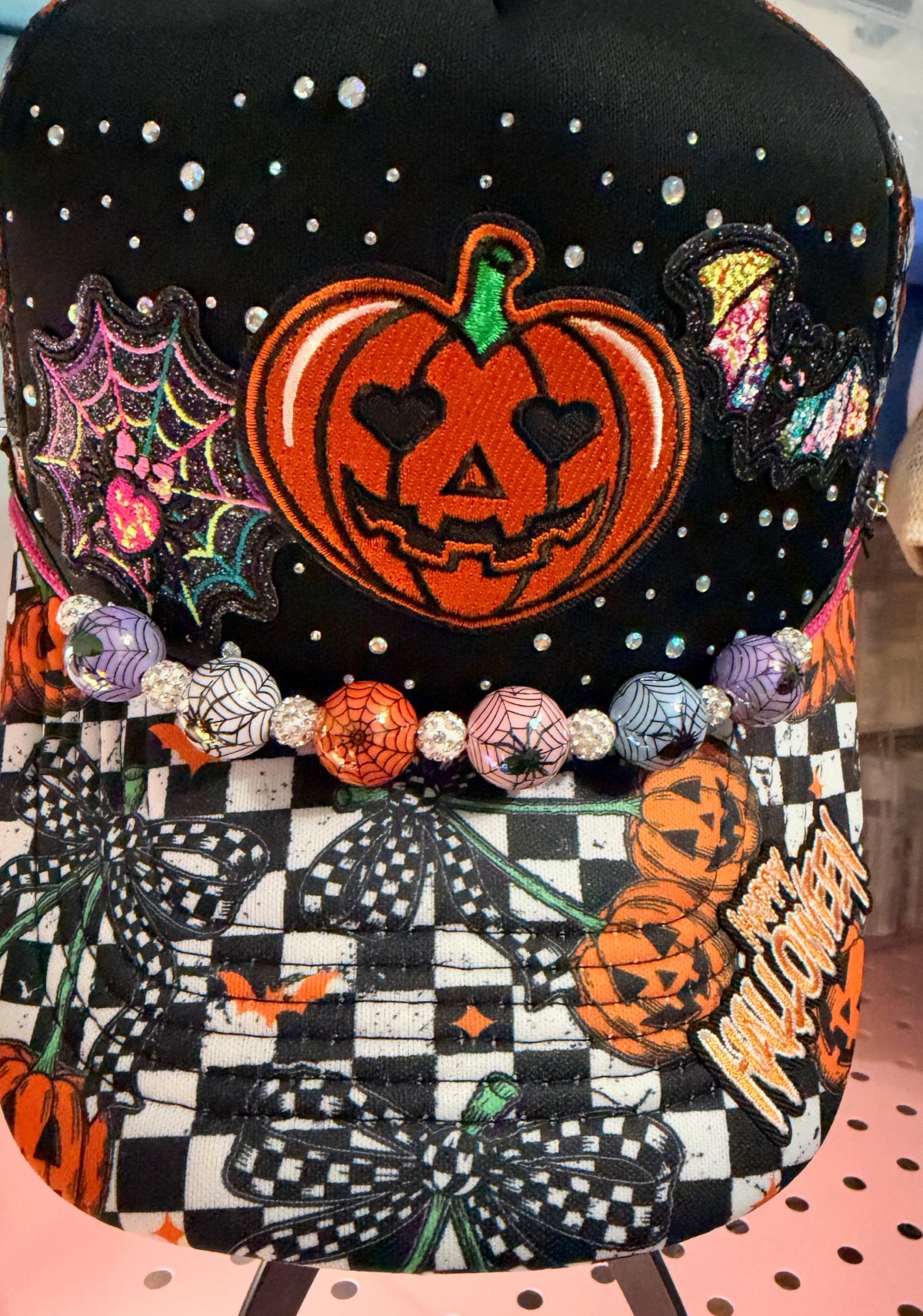 Custom Halloween Pumpkin Rhinestone Trucker Hat With Spiderweb Hat Chain