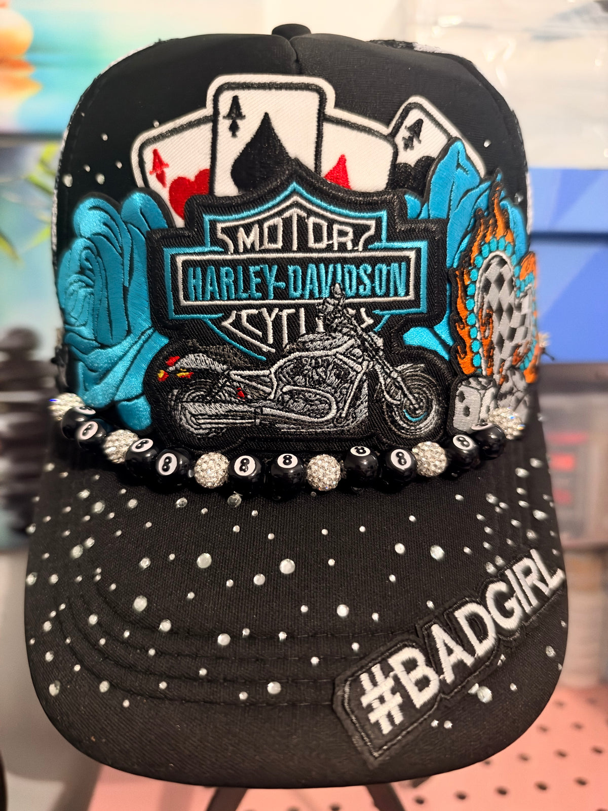 Custom Harley-Davidson Like Rhinestone Trucker Hat With 8