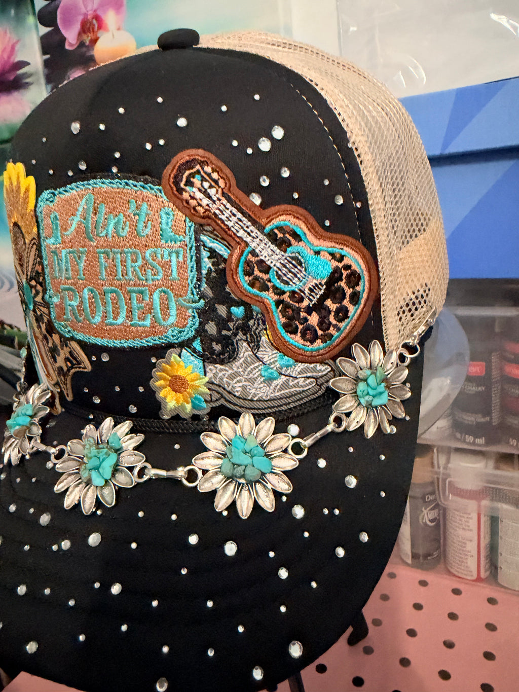 Custom Western "Ain't My First Rodeo" Rhinestone Trucker Hat