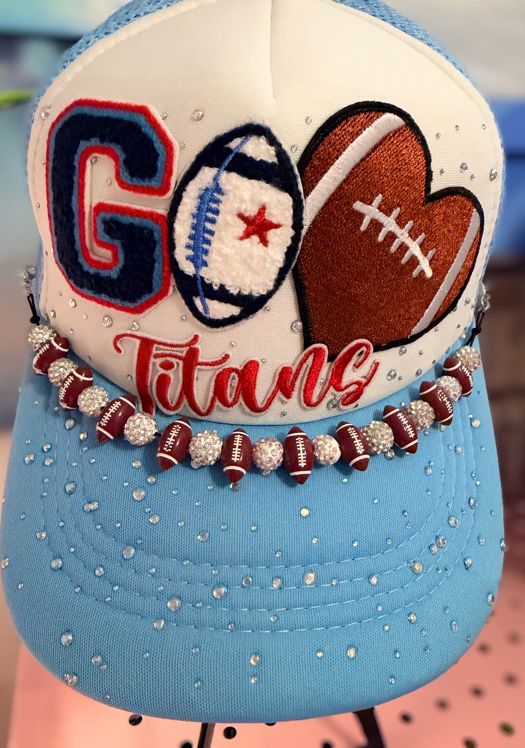 Custom "Go Titans" Rhinestone Beaded Football Trucker Hat