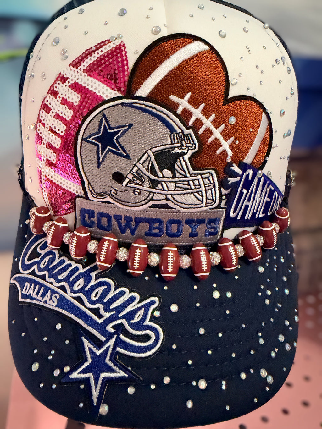 Custom Dallas Cowboys Like Bling Rhinestone Trucker Hat with Football Hat Chain