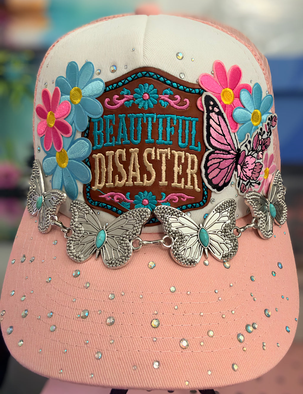 Beautiful Disaster Pink Butterfly Rhinestone Trucker Hat