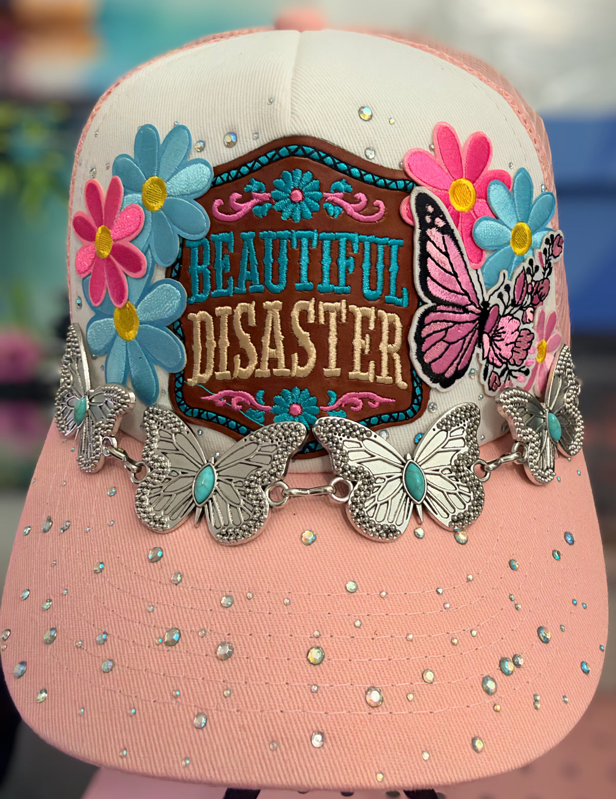 Beautiful Disaster Pink Butterfly Rhinestone Trucker Hat