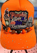 Custom Orange Rhinestone Pumpkin Spice Trucker Hat Snapback with Halloween Themed Hat Chain