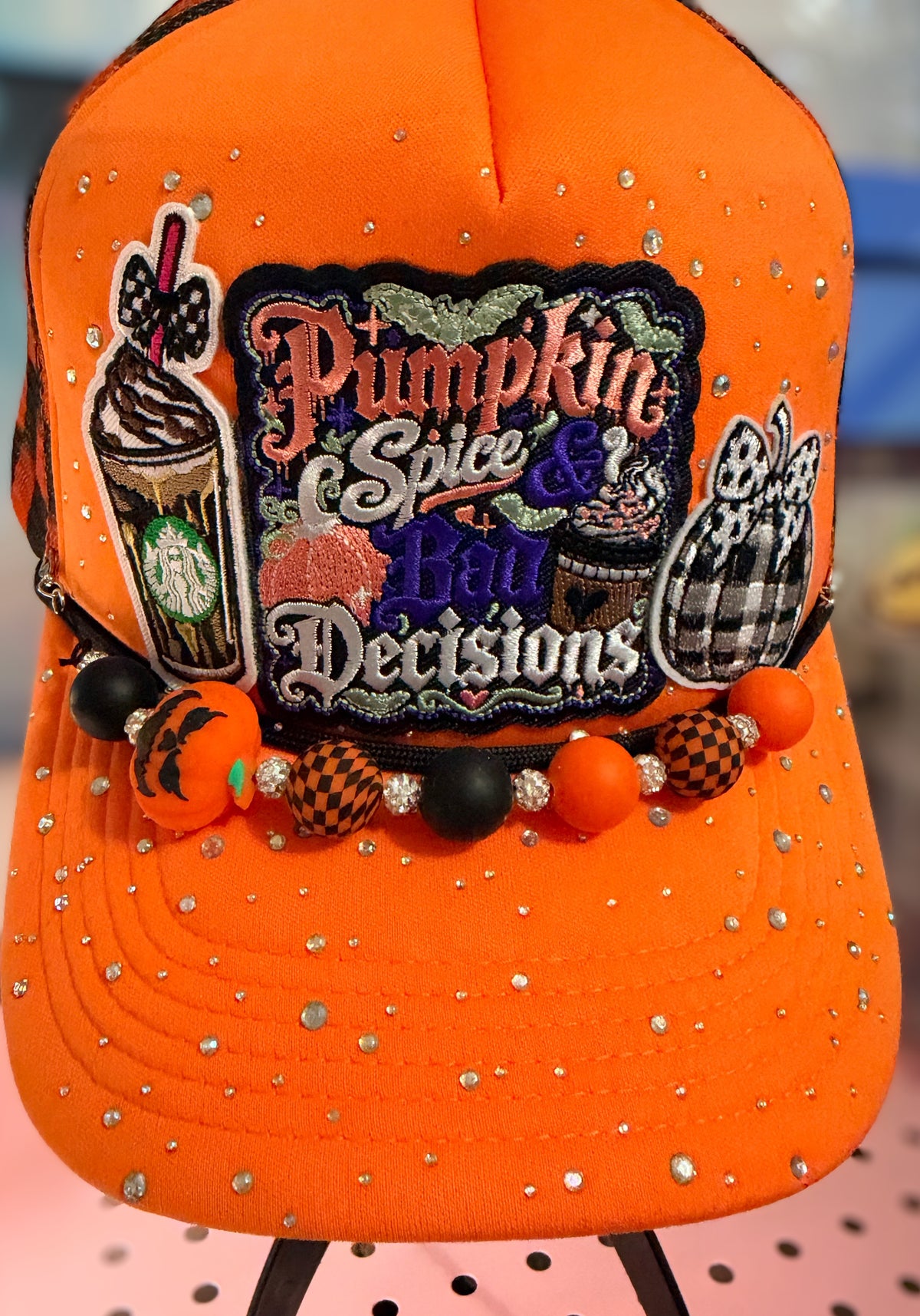 Custom Orange Rhinestone Pumpkin Spice Trucker Hat Snapback with Halloween Themed Hat Chain