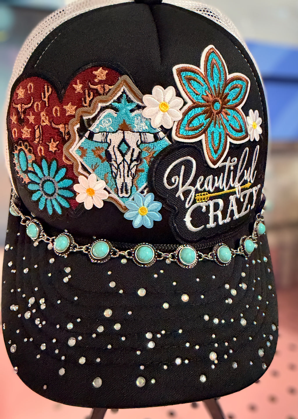 Custom Country Western Rhinestone Trucker Hat - Beautiful Crazy With Steer & Hat Chain