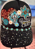 Custom Country Western Rhinestone Trucker Hat - Beautiful Crazy With Steer & Hat Chain