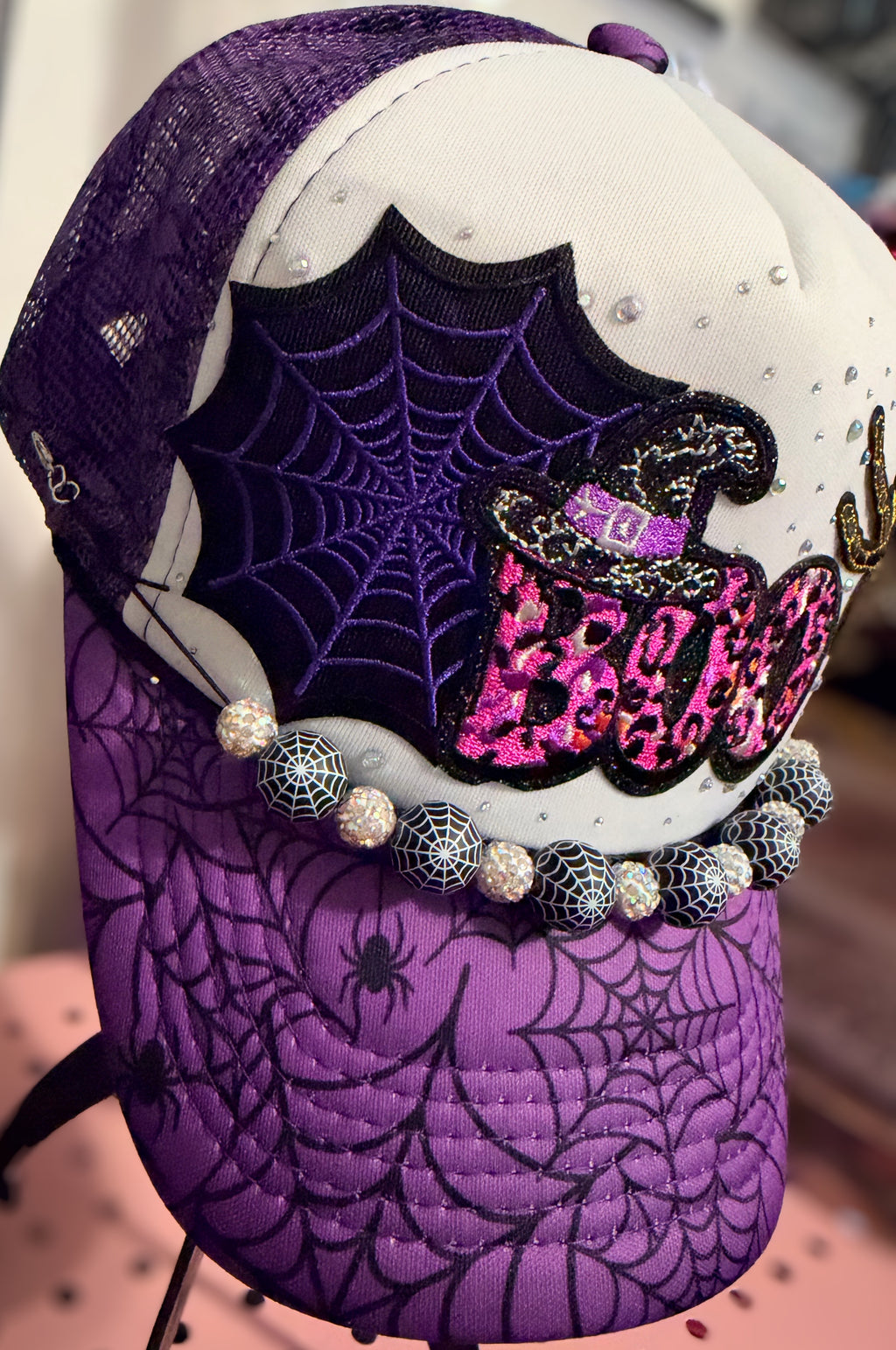 Custom Halloween 'BOO' Spiderweb Trucker Hat with Spiderweb Hat Chain