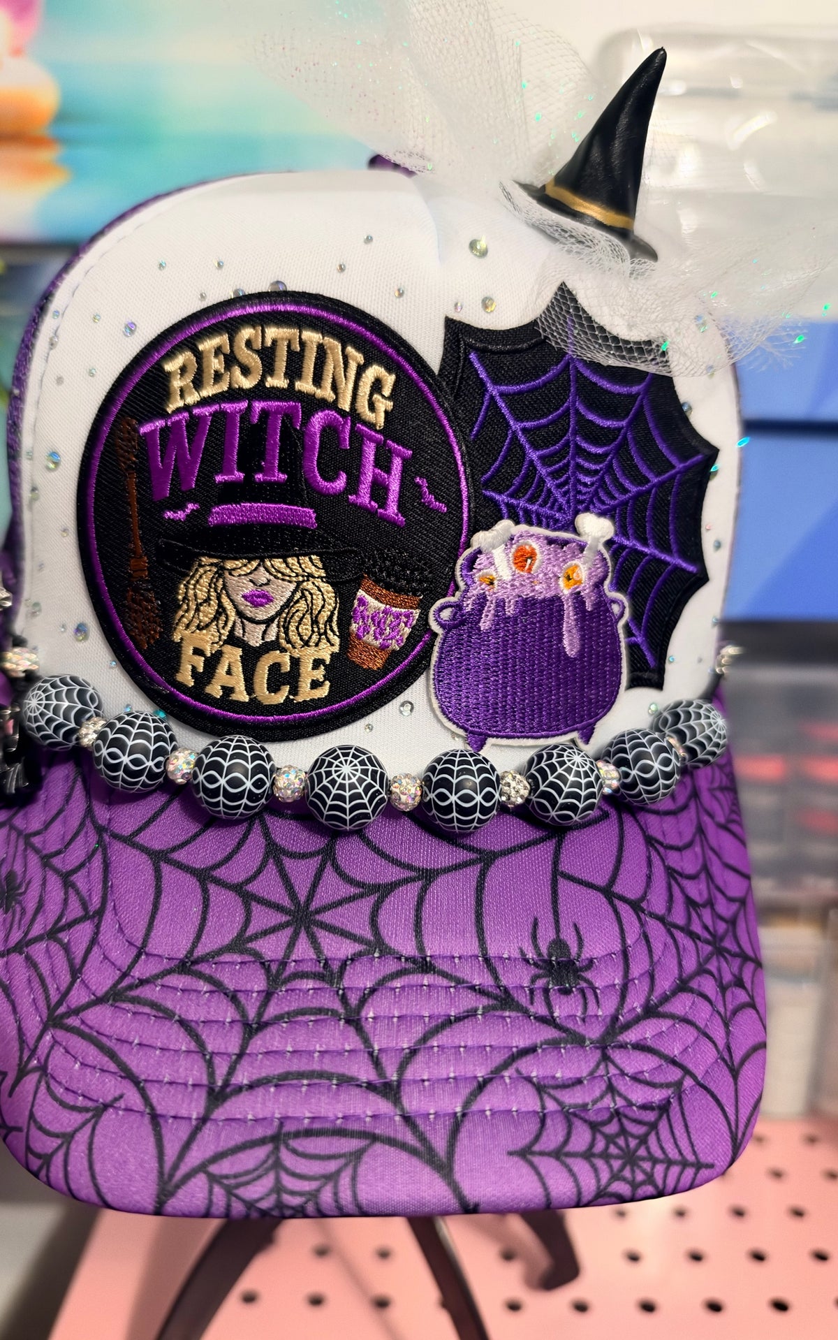 Resting Witch Face Purple Spiderweb Trucker Hat with Spiderweb Hat Chain