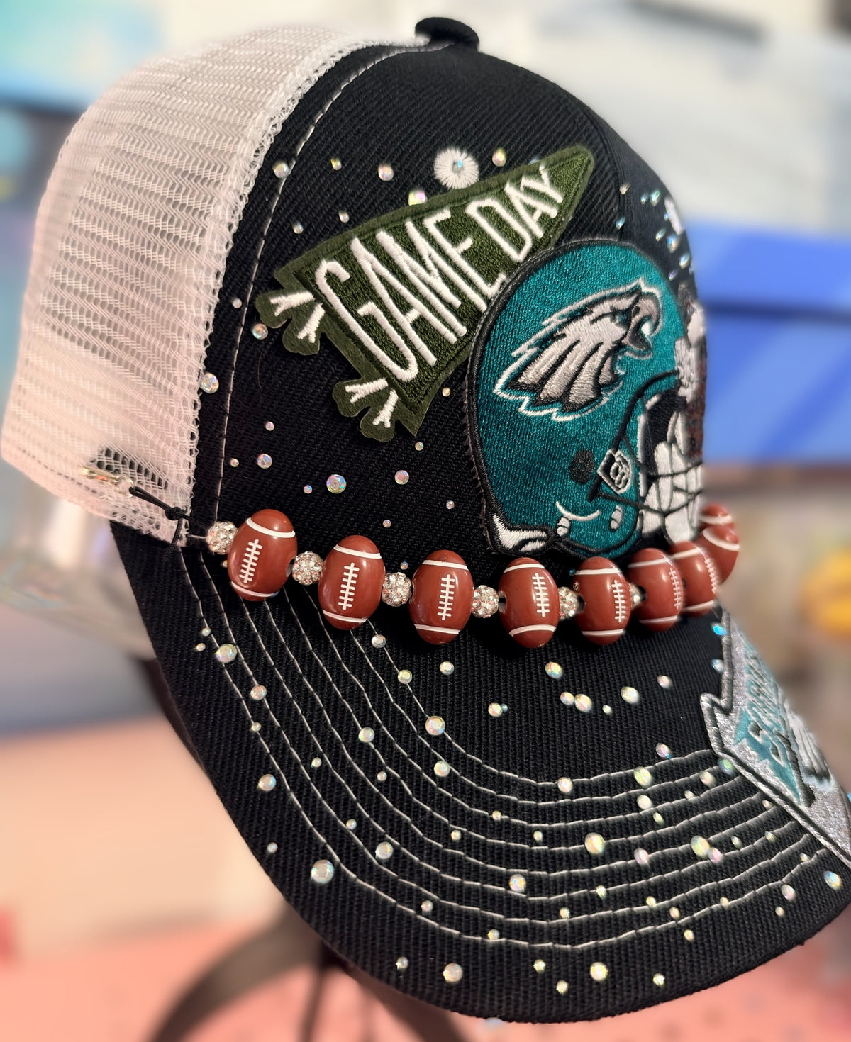 Custom Philadelphia Eagles Like Rhinestone Trucker Hat With Football Bling Hat Chain