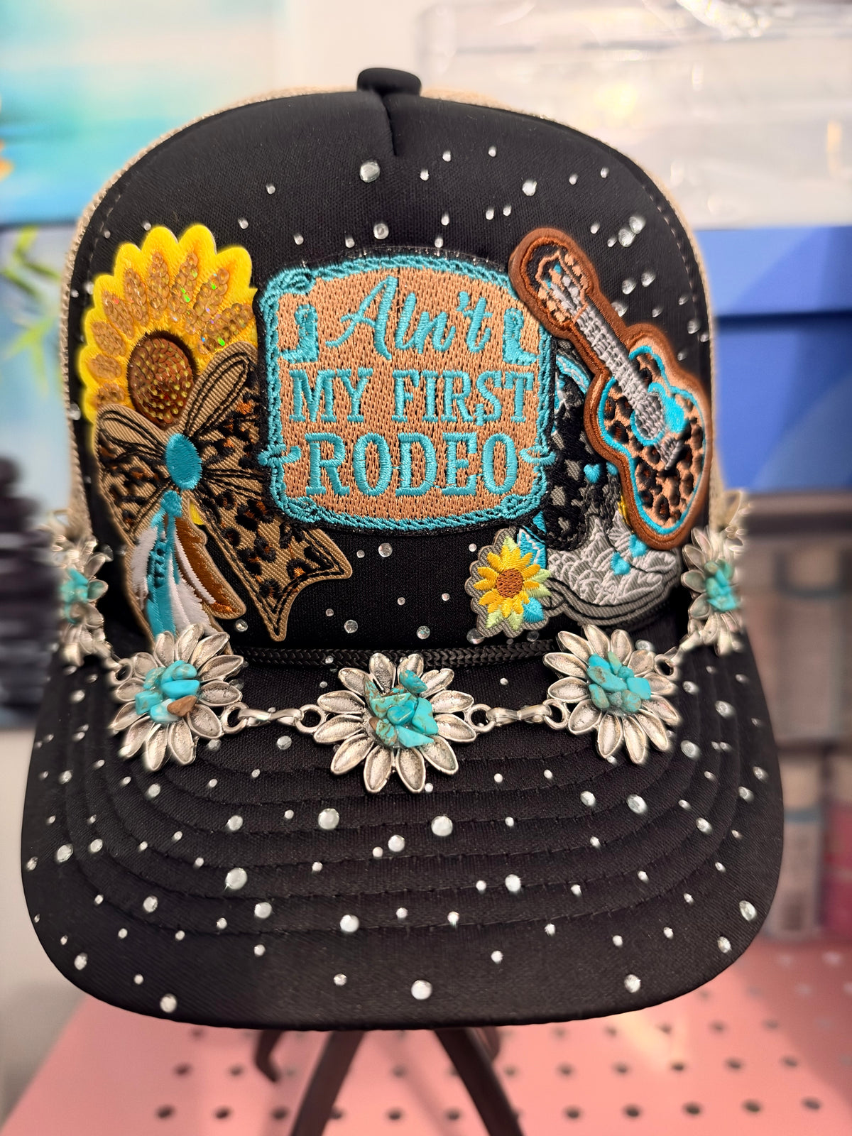 Custom Western "Ain't My First Rodeo" Rhinestone Trucker Hat