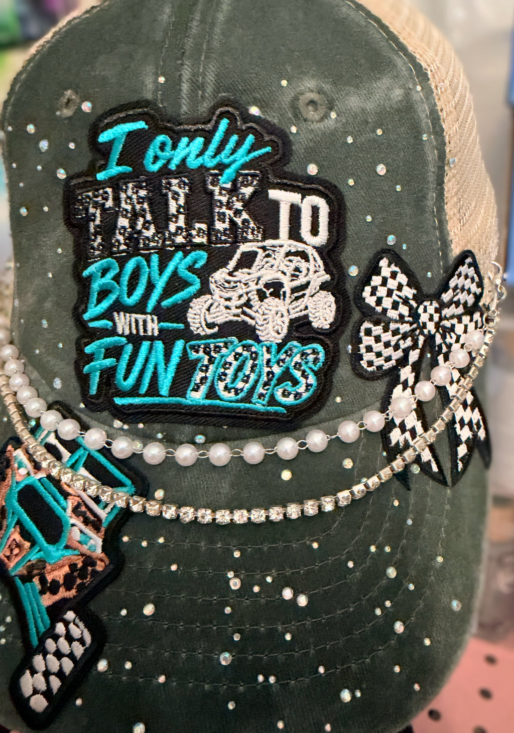 Custom Rhinestone UTV Trucker Hat with Pearl Chain