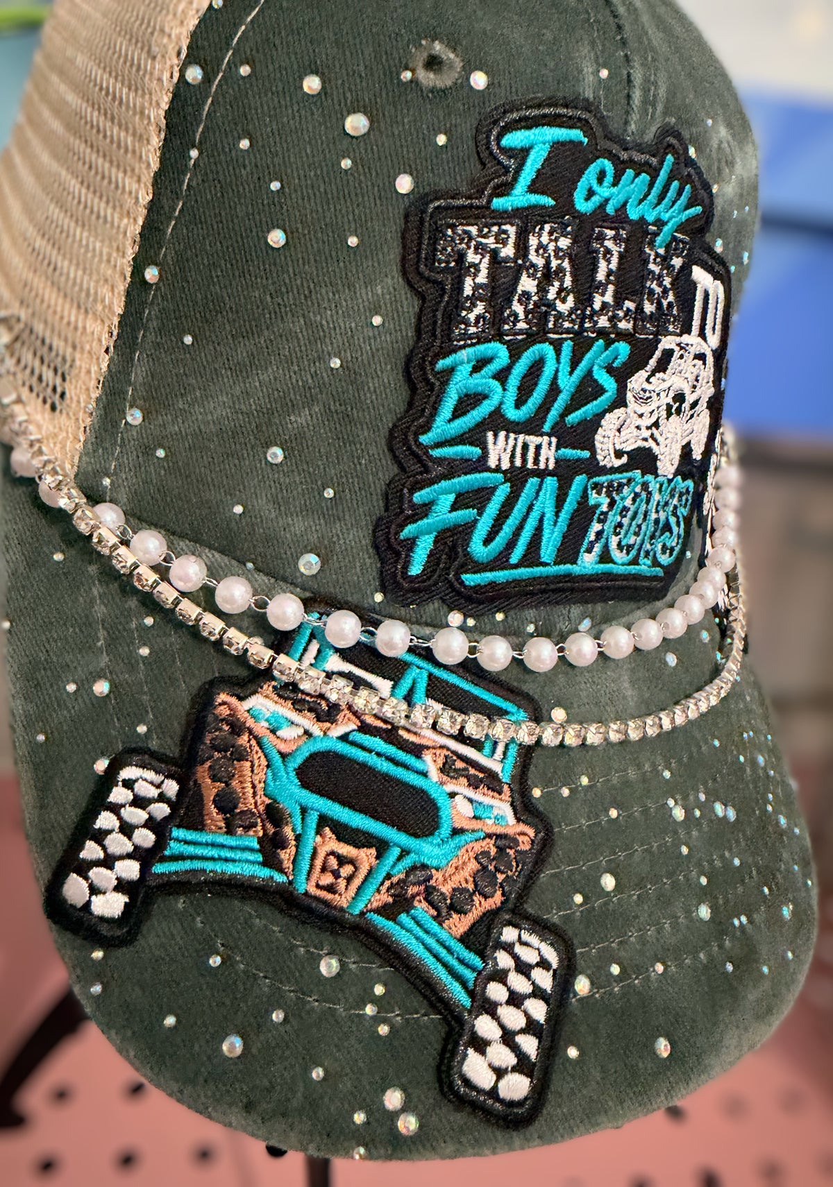Custom Rhinestone UTV Trucker Hat with Pearl Chain