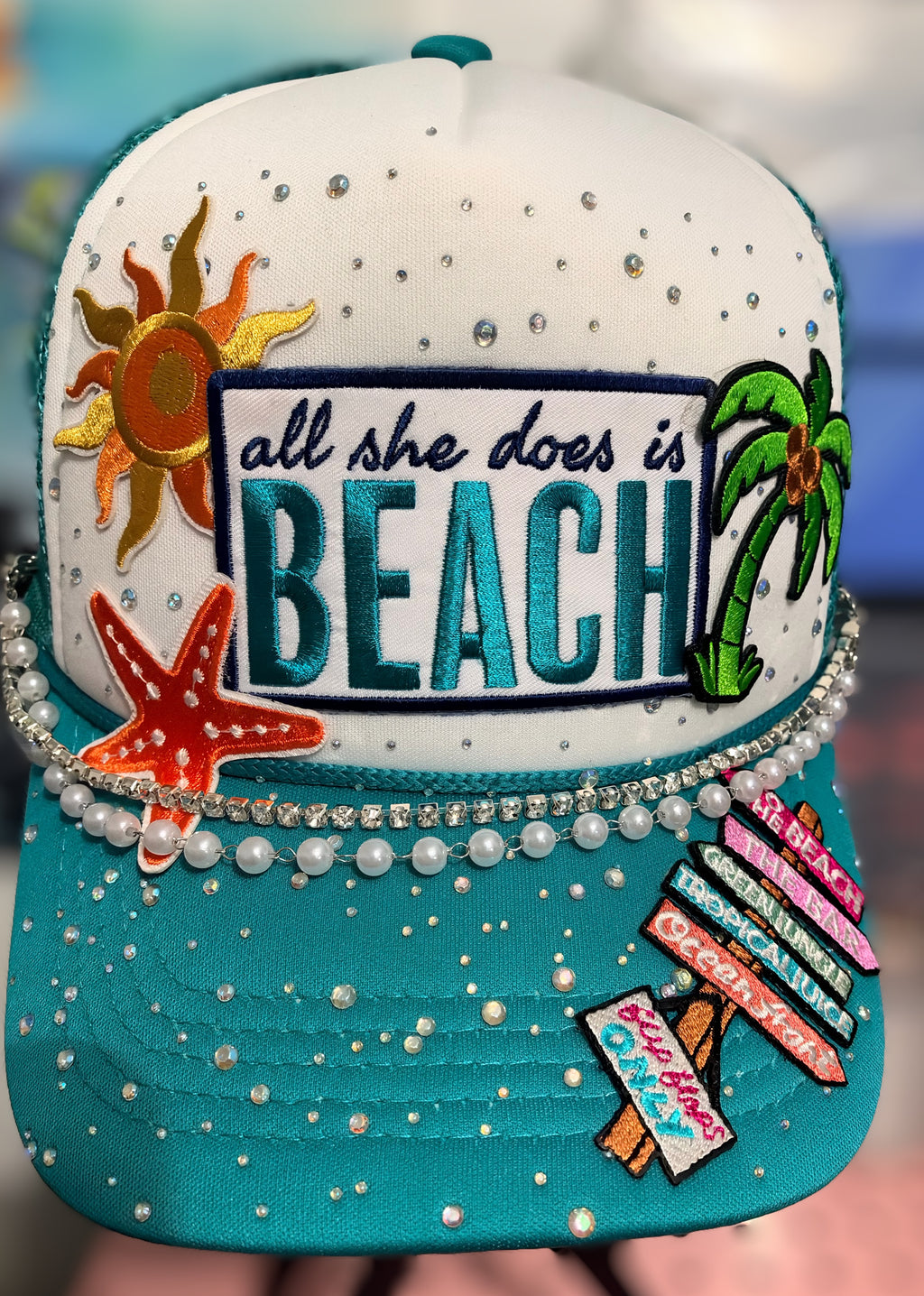 Custom Rhinestone Beach Trucker Hat Teal White Snapback