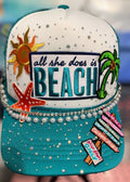 Custom Rhinestone Beach Trucker Hat Teal White Snapback