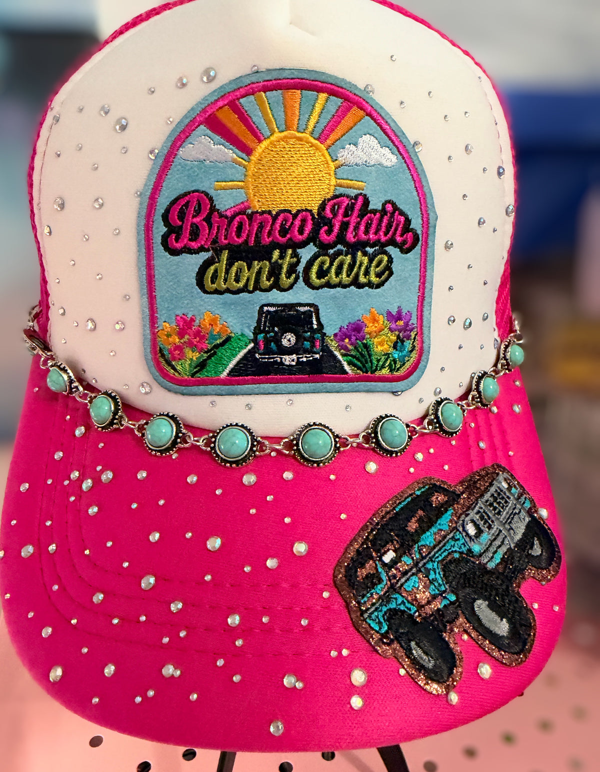 Custom Pink Bronco Hair Don't Care Trucker Hat With 2 Hat Chains