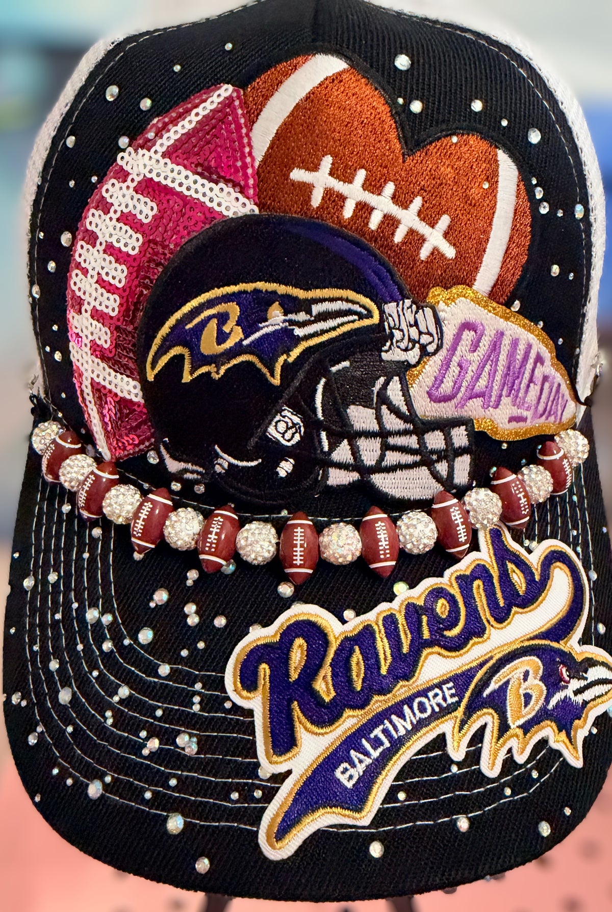 Custom Baltimore Ravens Rhinestone Sequin Trucker Hat Snapback With Football Hat Chain