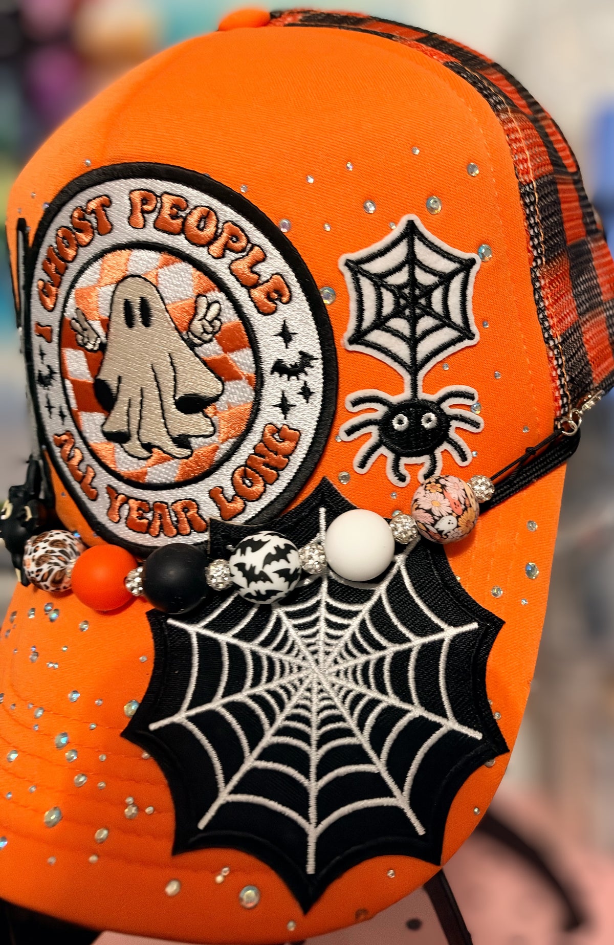 Orange Halloween Themed Trucker Hat with Hat Chain