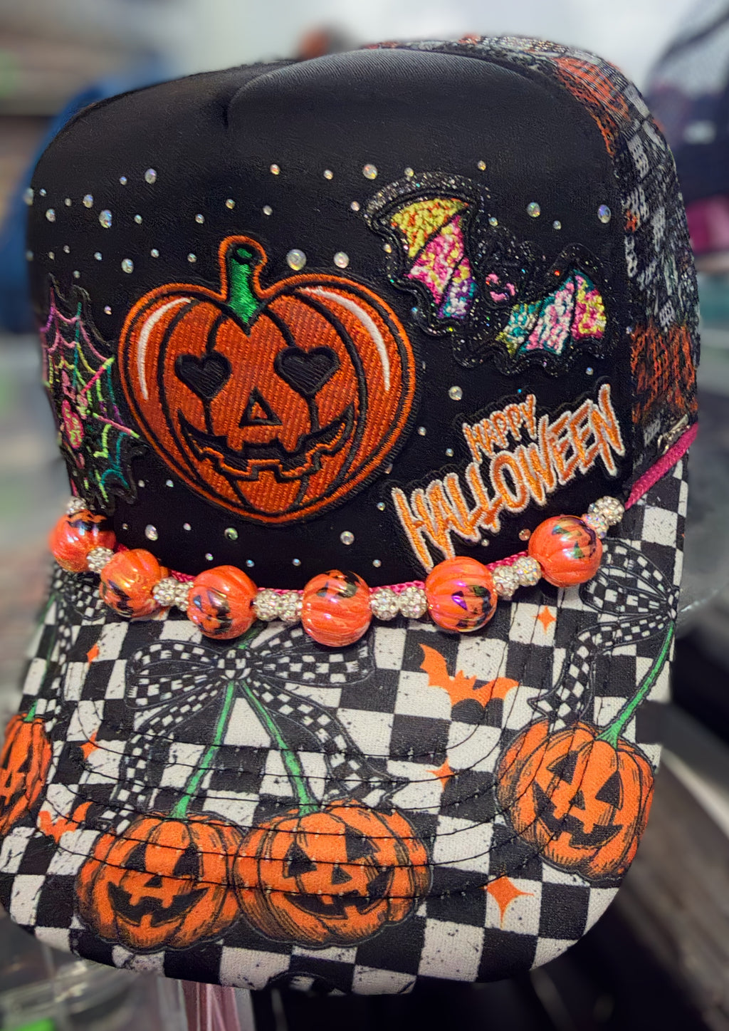 Custom Embellished Halloween Trucker Snapback Hat With Pumpkin Hat Chain