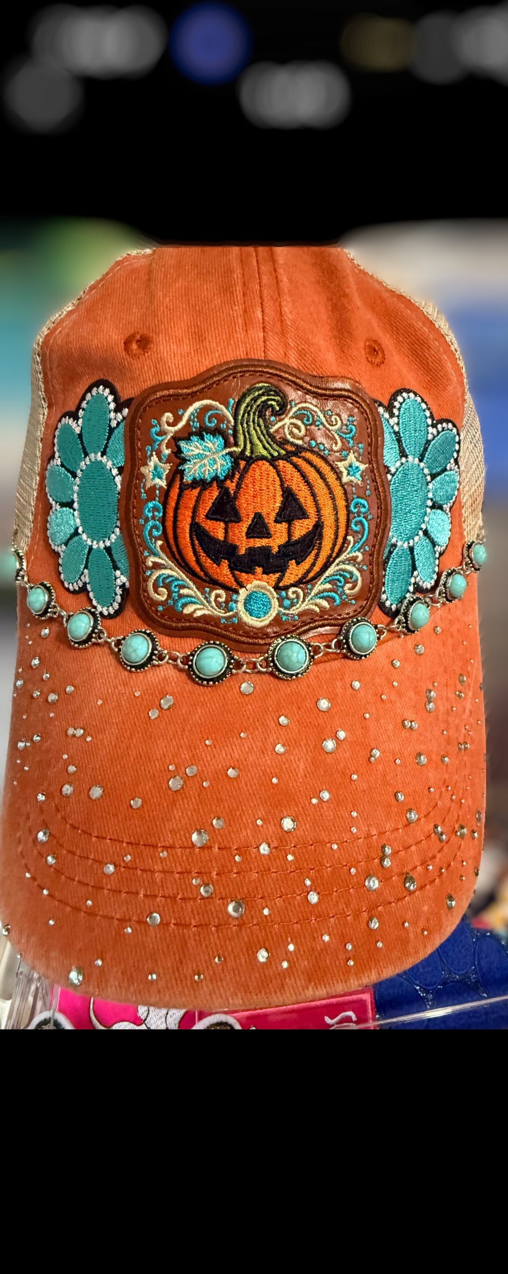 Orange Pumpkin Patch Trucker Hat with Turquoise Accents