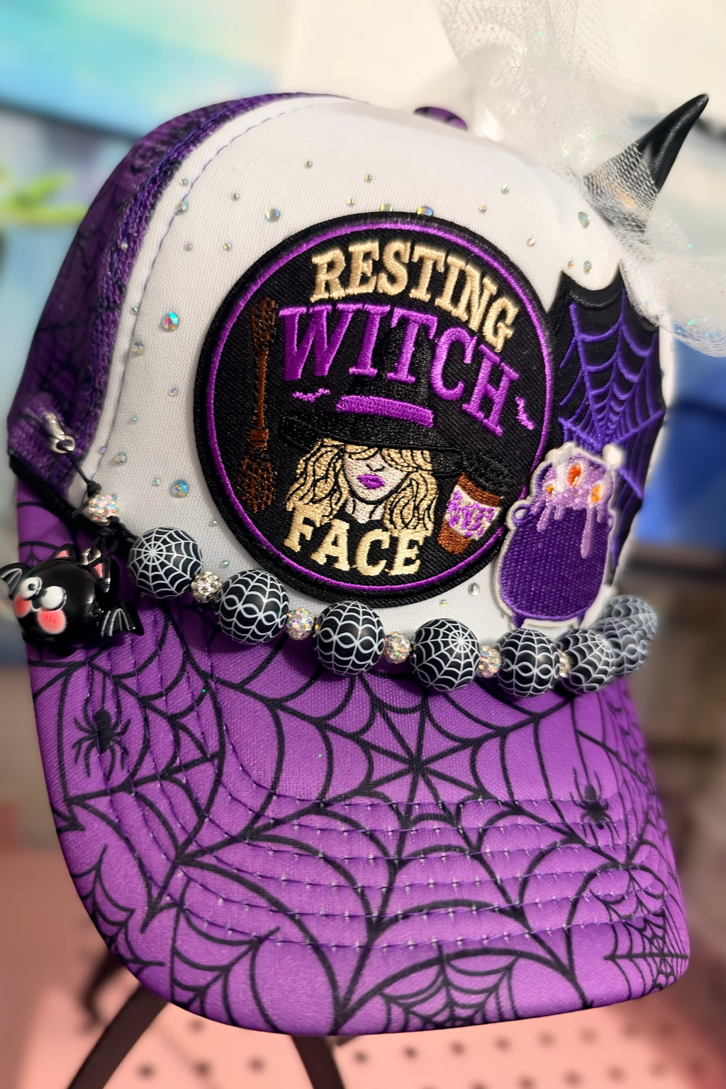 Resting Witch Face Purple Spiderweb Trucker Hat with Spiderweb Hat Chain