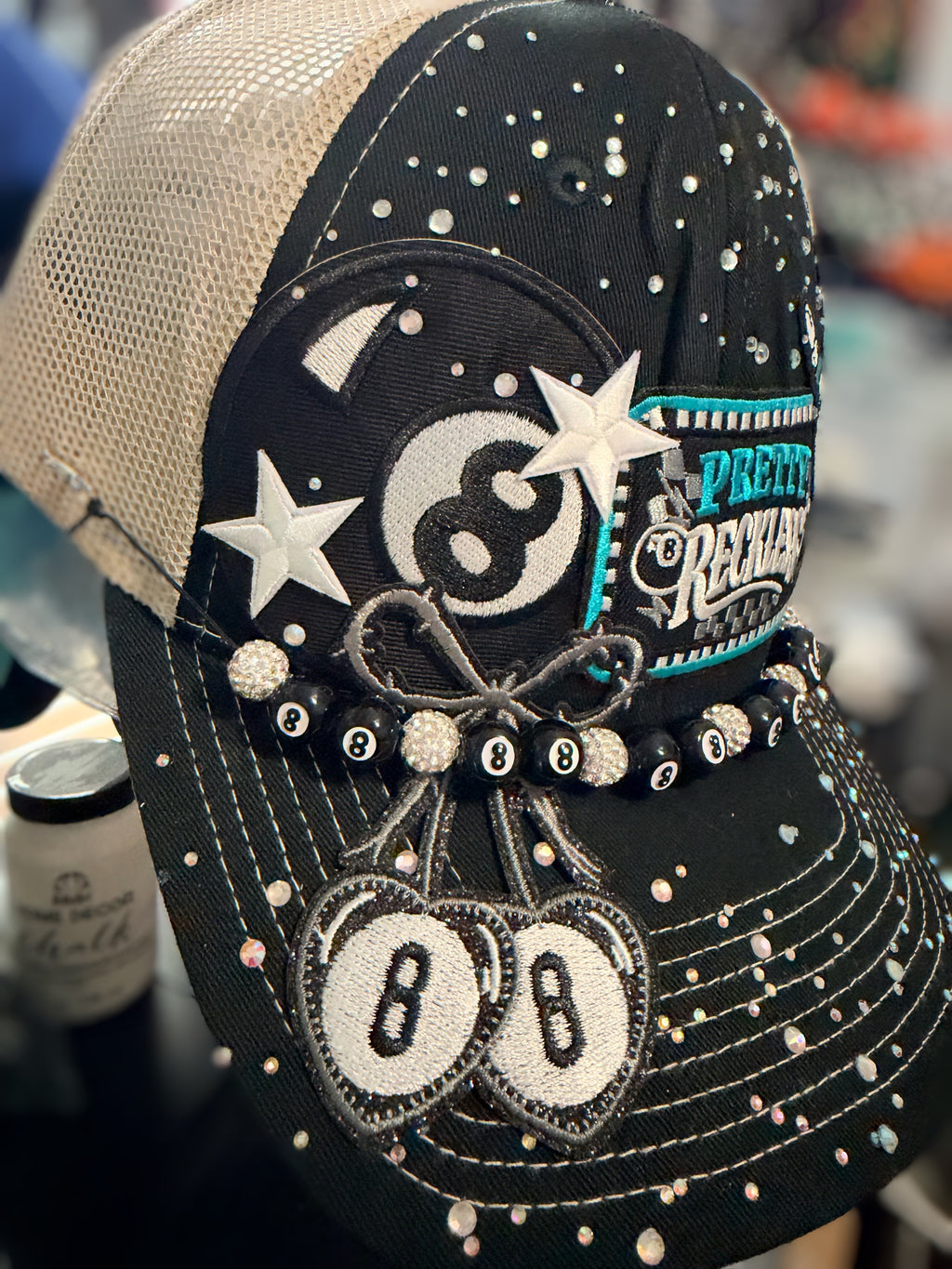 Custom Rhinestone Pretty Reckless Trucker Hat With 8 Ball Chain