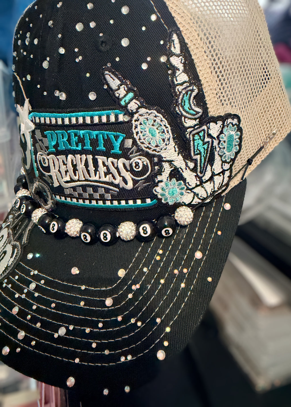 Custom Rhinestone Pretty Reckless Trucker Hat With 8 Ball Chain