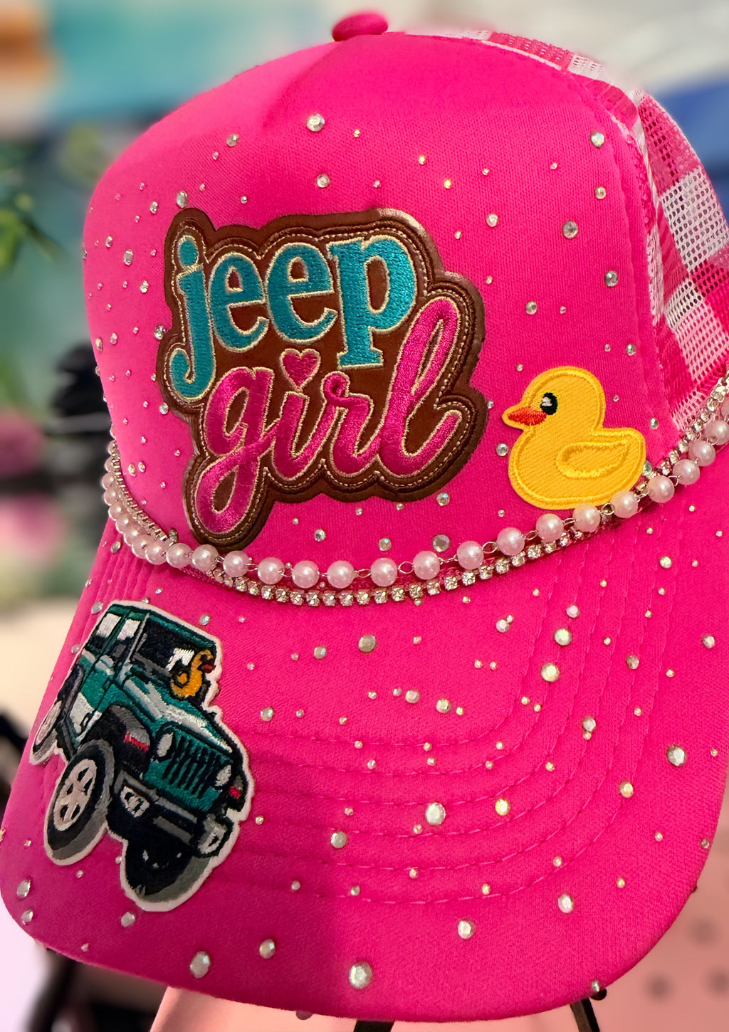 Custom Pink Jeep Girl Rhinestone Trucker Hat With 2 Hat Chains