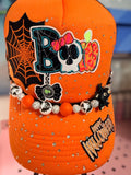 Custom Rhinestone Halloween Trucker Hat - Orange Boo Snapback