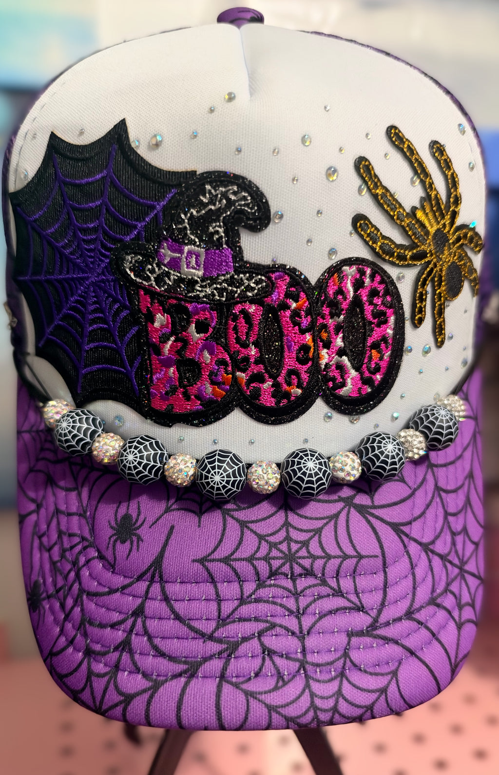 Custom Halloween 'BOO' Spiderweb Trucker Hat with Spiderweb Hat Chain