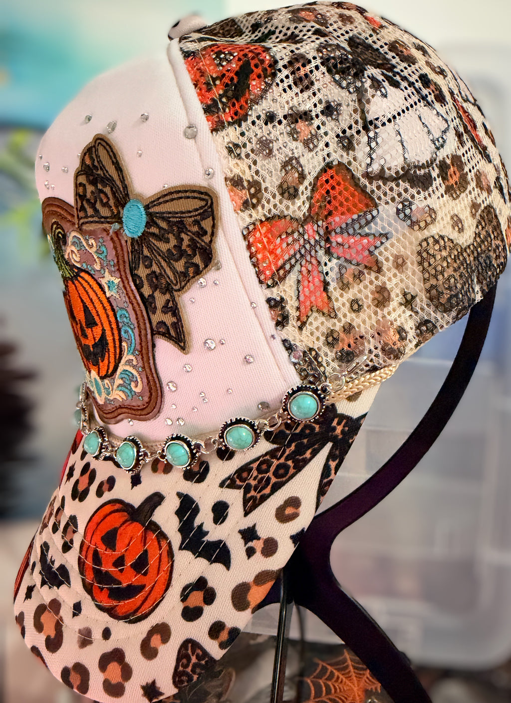 Halloween Pumpkin Leopard Print Trucker Hat Snapback With Turquoise Accent Chain